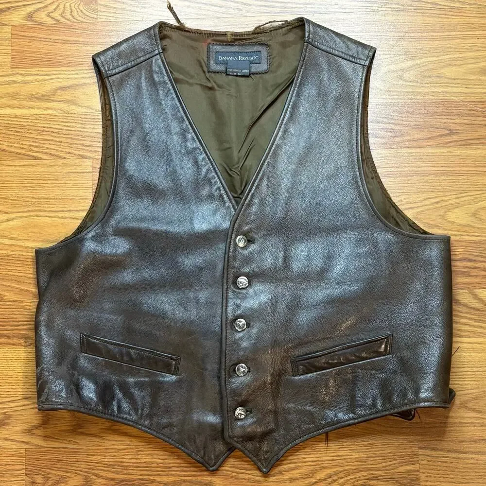Vintage 1990s Banana Republic Leather Vest Brown Mens XL Western Biker USA